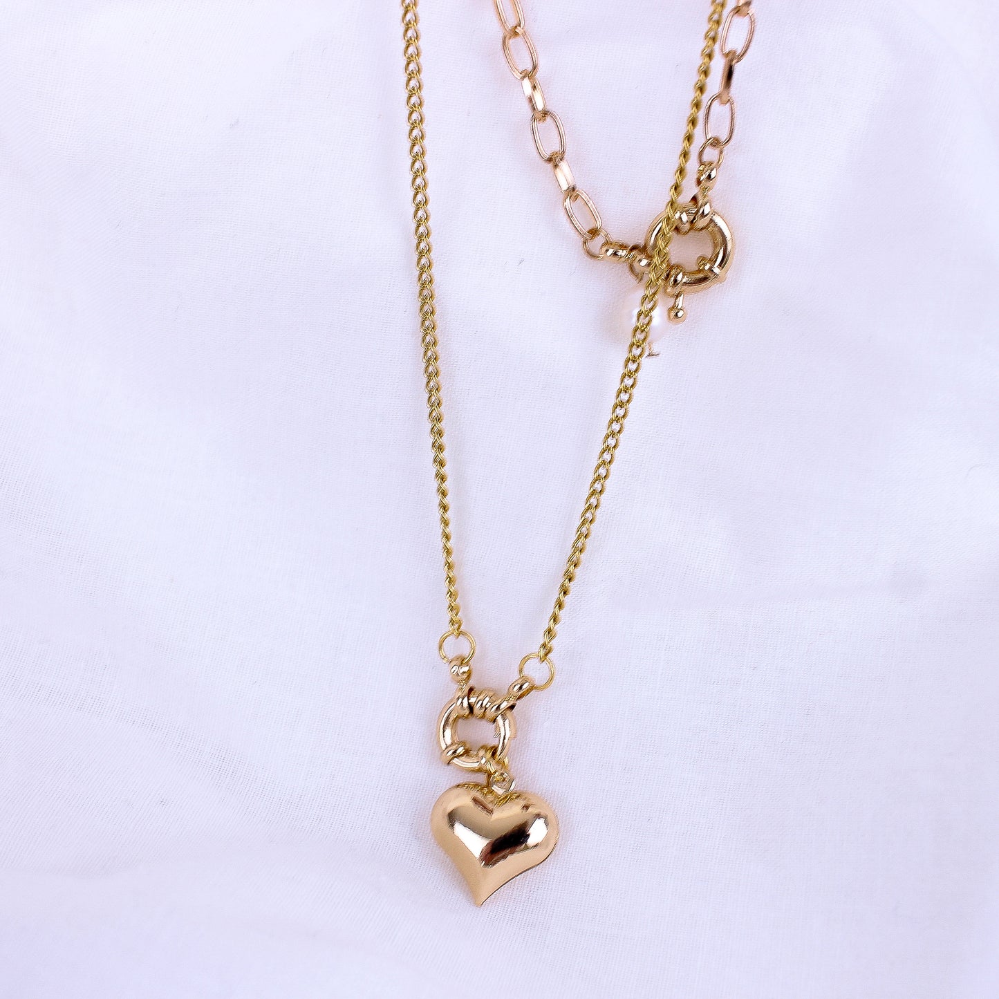Layered Necklace Set With Gold Pearl Lock Chain And Heart Pendant Necklace