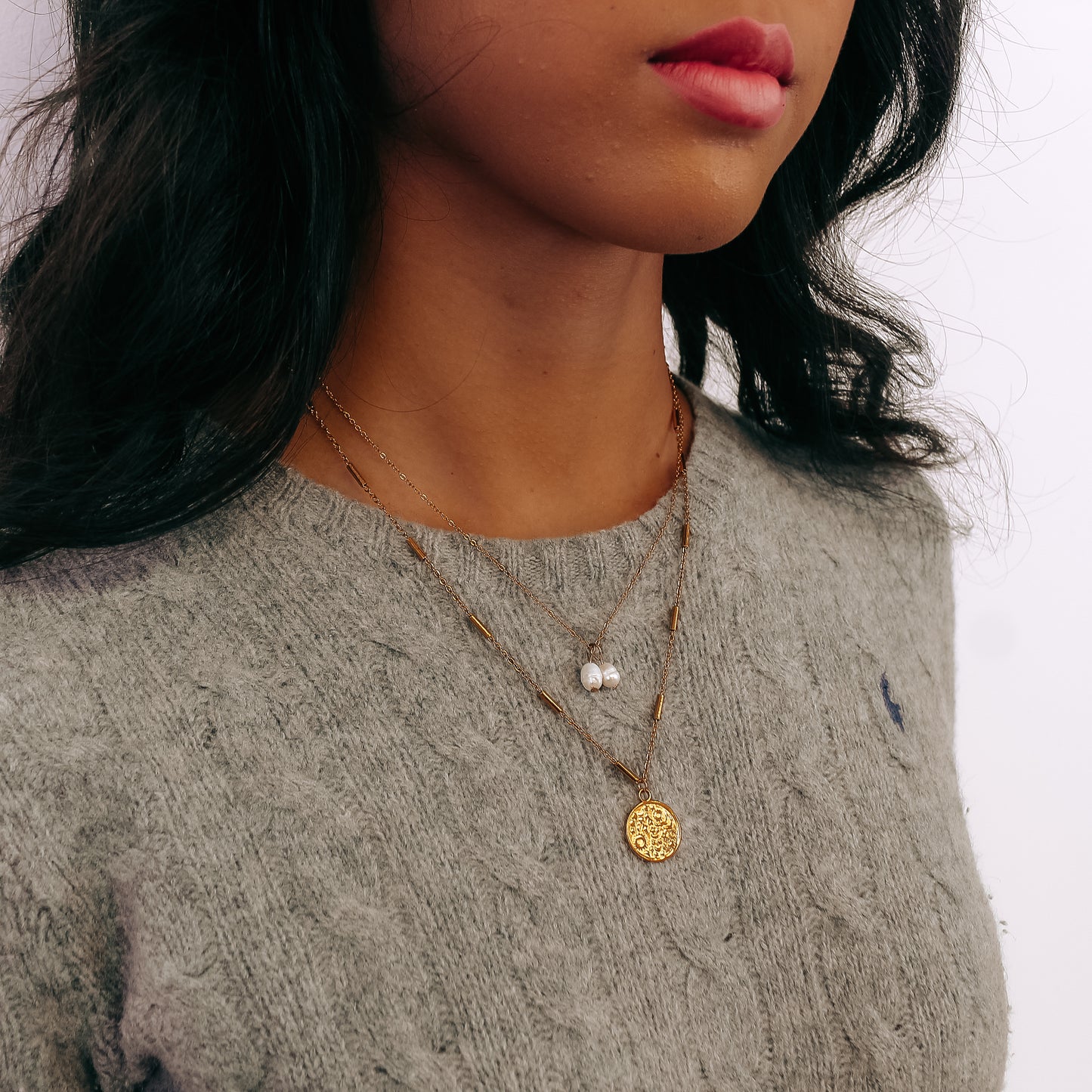 Layered 18k Gold Pearl And Coin Dainty Necklace